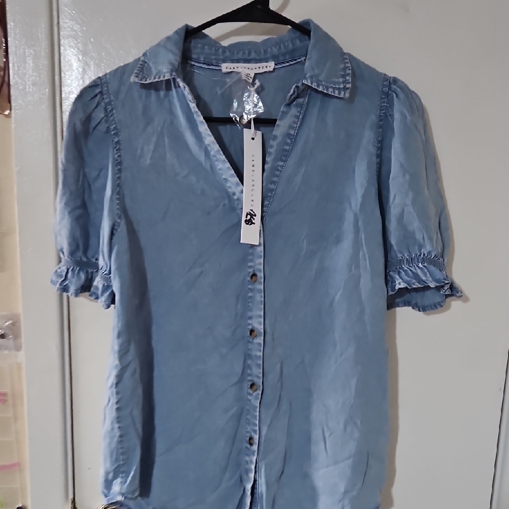 Blue Puff Sleeve Button Down Shirt with Notched Collar